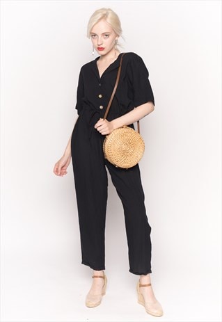Cotton Short Sleeve Jumpsuit in plain black color