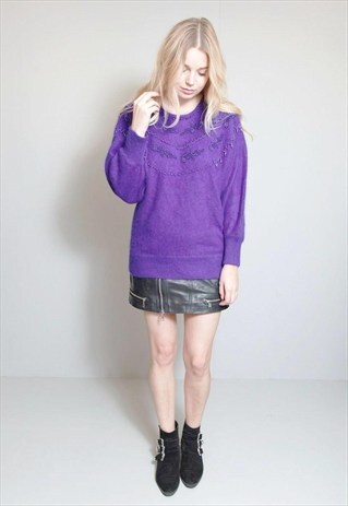 VINTAGE 1980'S SLOUCHY BRIGHT PURPLE FLUFFY KNIT WOOL JUMPER