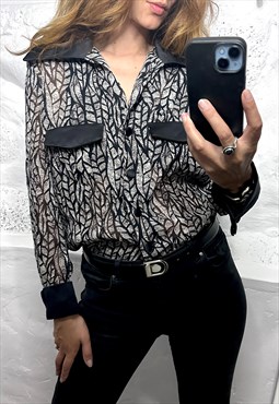 90s Printed Satin Collar Shirt /  Blouse 