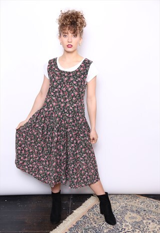 VINTAGE 80S DARK FLORAL CORD CORDUROY MIDI DRESS
