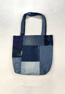 Blue Denim Patchwork Tote Bag with blue velvet lining