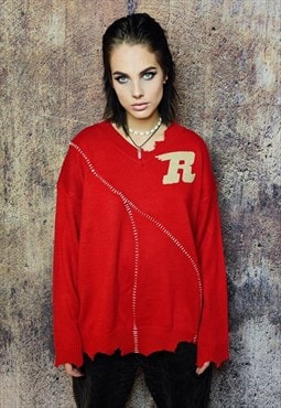 Varsity sweater knitted college jumper American top in red