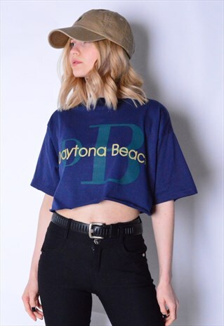 REWORKED VINTAGE 90S NAVY BLUE DAYTONA BEACH CROPPED T-SHIRT