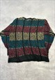 VINTAGE KNITTED JUMPER ABSTRACT PATTERNED GRANDAD SWEATER