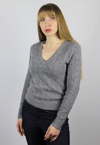 WOMENS RALPH LAUREN SPORT JUMPER V-NECK SWEATER GRAY