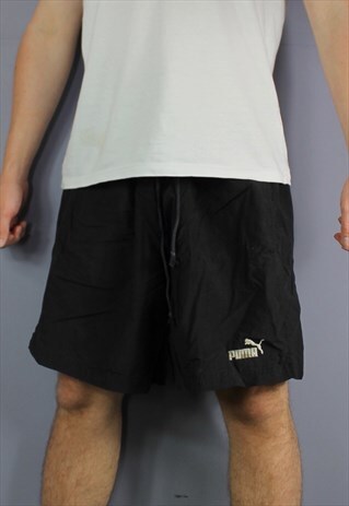 VINTAGE PUMA SHORTS IN FADED BLACK WITH POCKETS, EMBROIDERED