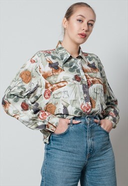 Vintage Long Sleeve Abstract Floral Printed Women Shirt L
