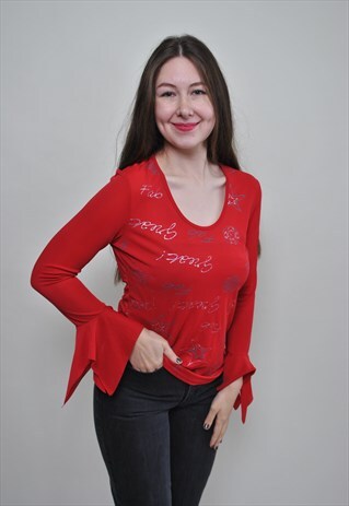 Y2K PATTERNED PULLOVER BLOUSE IN RED COLOR WITH SILVER STARS