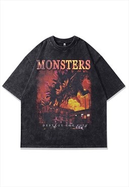 Dinosaur t-shirt Godzilla print tee monster top vintage grey