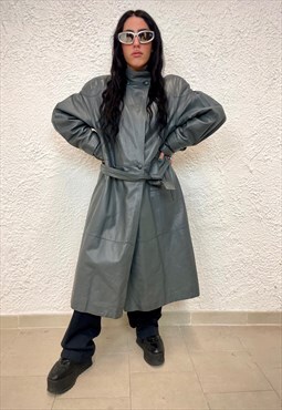 Vintage 80s grey leather trench coat 