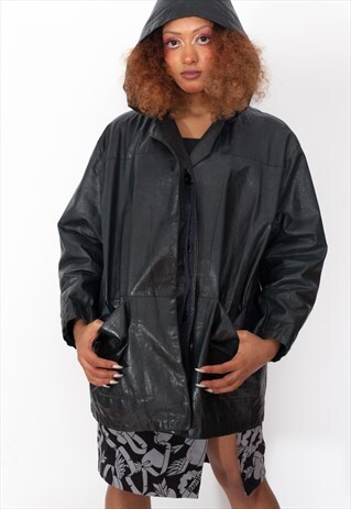 VINTAGE 80S NAVY HOODIE LEATHER JACKET ID:1726