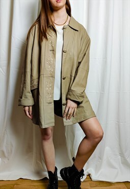 Vintage Beige embroidered leather trench coat (L-XL)