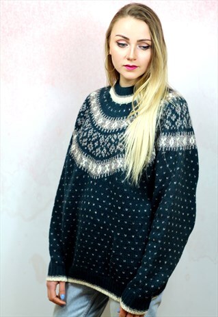 1980S VINTAGE DARK GREEN ICELANDIC WOOL KNIT JUMPER