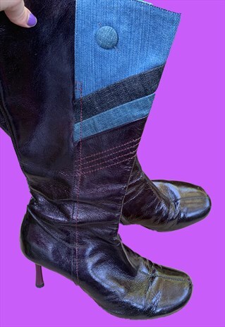 Y2K MISS SIXTY BLACK PATENT BOOTS WITH BLUE DENIM DETAILS