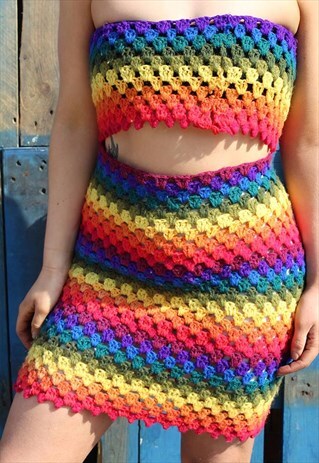 HANDMADE REWORKED RAINBOW CROCHET TOP AND SKIRT CO-ORD