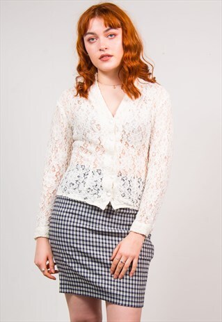 VINTAGE 90'S CREAM LACE MESH LONG SLEEVE BLOUSE