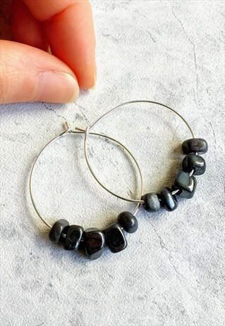 HEMATITE GEM STONE HOOP EARRINGS