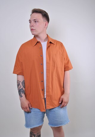 80S MINIMALIST COTTON SHIRT, SHORT SLEEVE ORANGE BUTTON DOWN