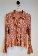 Vintage 90s Floral Paisley Print Sheer Mesh Frilly Top 8-10 