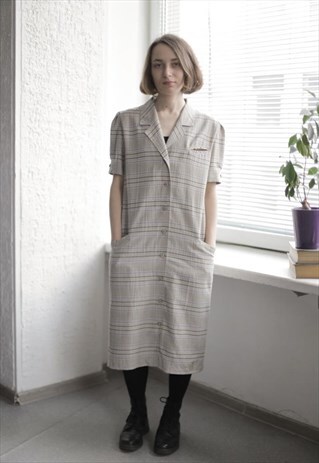 VINTAGE 80'S GREY CHECKED BUTTONS UP SHORT SLEEVED DRESS