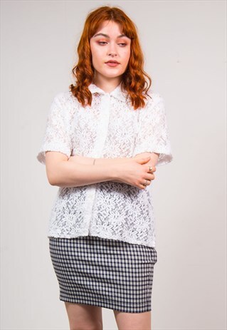 VINTAGE 90'S WHITE FLORAL LACE MESH SHIRT BLOUSE