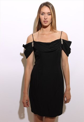 VINTAGE 1980'S 80'S OFF-THE-SHOULDER BLACK DRESS DECO S-M
