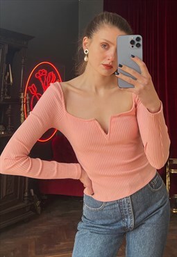 Pink Fitted Ribbed long sleeve top, Cropped sweater