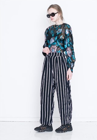 VINTAGE BLACK STRIPED WIDE LEG HIGH WAIST RETRO TROUSERS
