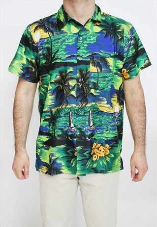HAWAIIAN PALM TREE PARTY SUMMER FANCY SHIRT-GREEN/DARKBLUE