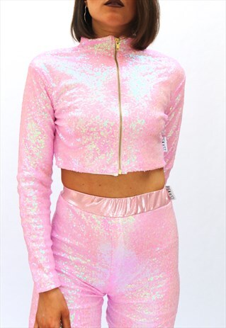 PINK IRIDESCENT SEQUIN LONG SLEEVE CROP TOP WITH ZIP