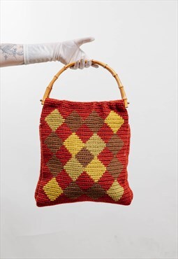 Vintage 70s Novelty Crochet Tote Bag With Bamboo Handle