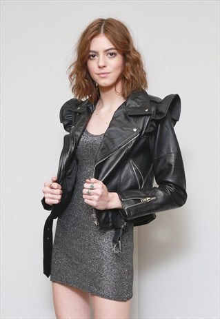 PEEKABOO VINTAGE STYLE BLACK LEATHER RUFFLE BIKER JACKET