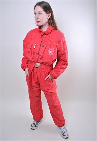 VINTAGE RED ONE PIECE SKI SUIT, 80S SNOWSUIT WITH EMBROIDERY