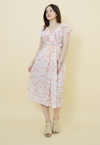 VINTAGE 80S WHITE AND ORANGE FLORAL CROSSOVER DRESS