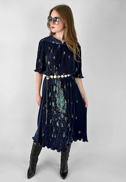 1980's Vintage Pleated Blue Floral Ladies Midi Dress