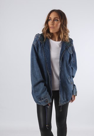 VINTAGE DENIM BOMBER JACKET OVERSIZED HOODED UK 12 (93F)