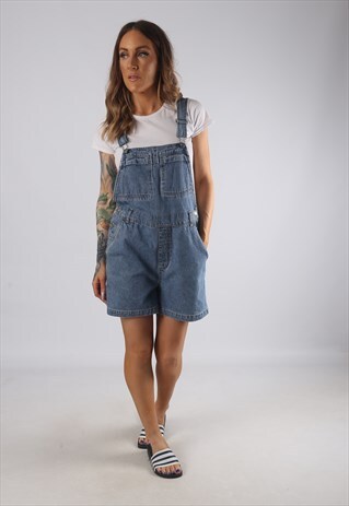 VINTAGE DENIM DUNGAREE SHORTS UK 12 MEDIUM (JR2E)