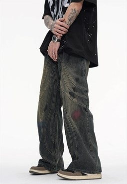 Paint splatter jeans distressed extreme stitch denim pants
