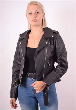 WOMENS VINTAGE MOTO RACER JACKET SMALL BLACK 90S