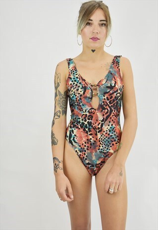 VINTAGE 80S LEOPARD PRINT SWIMSUIT/BODYSUIT W/BEAD DETAIL