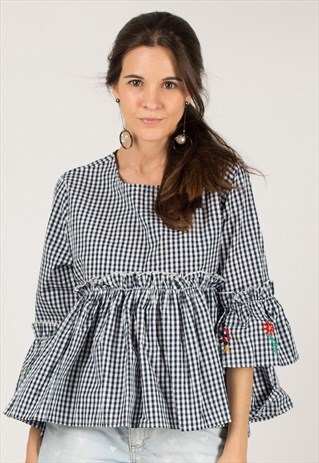 CHECK PRINT FLORAL EMBROIDERED SLEEVES TOP IN BLUE CY