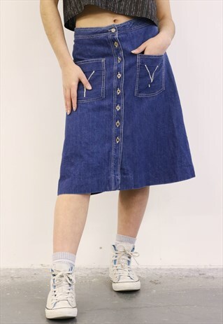 VINTAGE 1990S BLUE DENIM BUTTON DOWN MIDI SKIRT