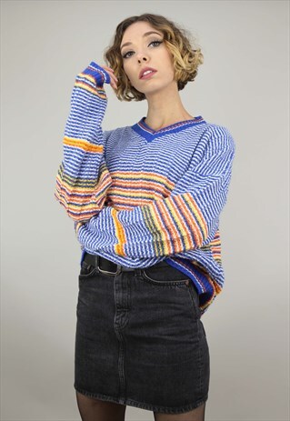 VINTAGE 80S 90S OVERSIZED STRIPED BLUE ORANGE KNIT JUMPER
