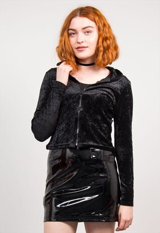 VINTAGE 90'S BLACK VELVET ZIP TOP JACKET