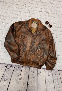 Vintage Brown Leather Bomber Jacket Size XL