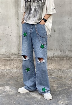 Blue Stars embroidered Distressed Denim jeans pants trousers
