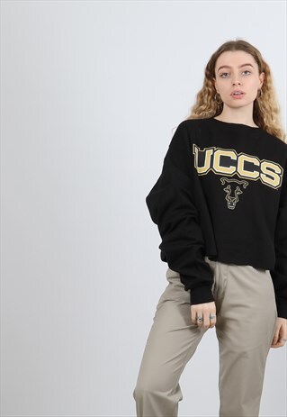 VINTAGE CHAMPION LARGE BLACK COLLEGE CROPPED SWEATSHIRT