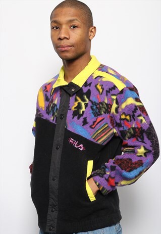 VINTAGE FILA PATTERN LOGO BUTTON UP FLEECE BLACK