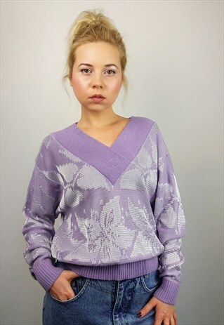 VINTAGE COTTON BLEND V-NECK SLOUCHY KNIT JUMPER IN PURPLE
