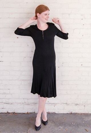 90S VINTAGE JEAN MUIR BLACK TOGGLE NECK DETAIL FLARED DRESS